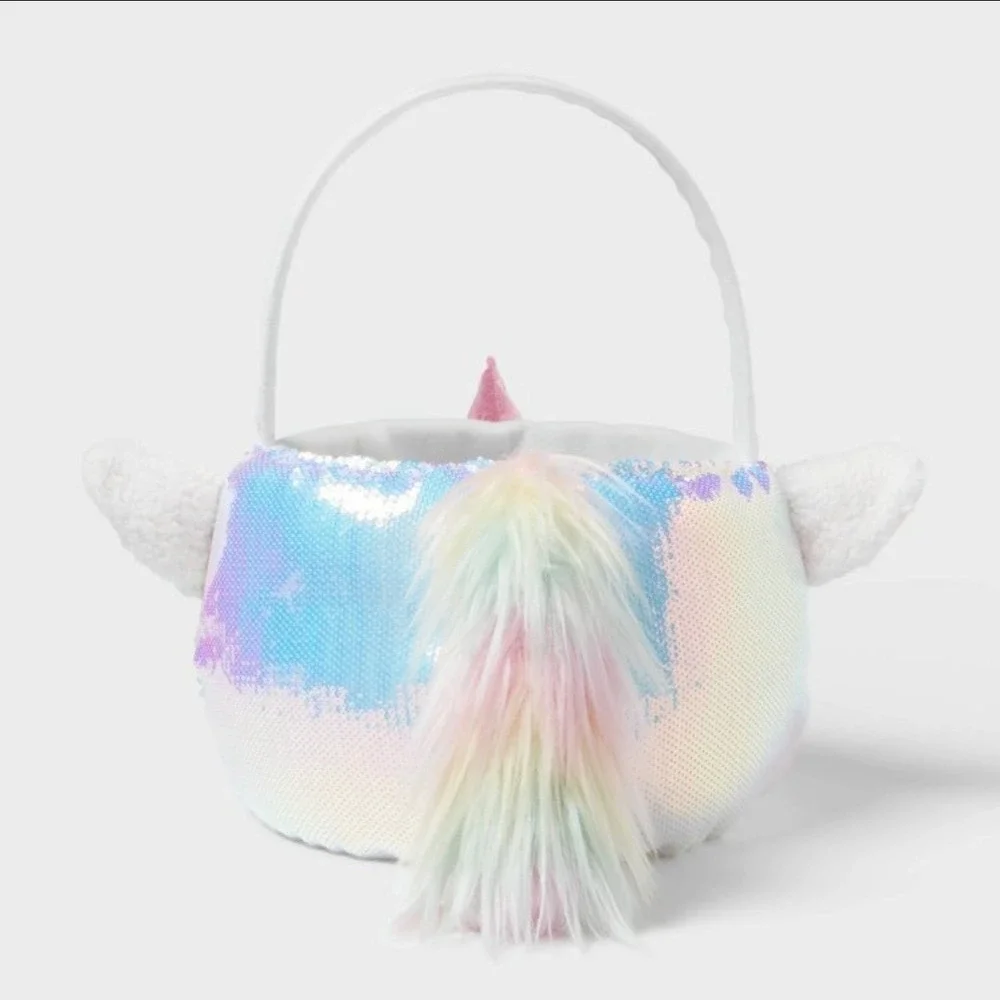 Spritz Iridescent‎ Sequin Unicorn Easter Basket White Pink Glitter Horn NWT